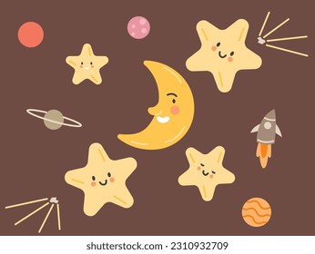 Bohemian nursery poster. Boho cute baby print in pastel colors. Lovely moon, crescent, and stars with faces. Space elements for decor of wallpaper of childs bedroom. Cartoon flat vector illustration