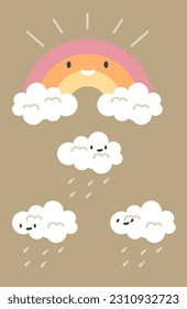 Bohemian nursery poster. Cute rainbow on rainy day. Banner with clouds in boho style for baby room. Friendly characters in form of clouds with drops in pastel colors. Cartoon flat vector illustration