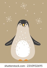 Bohemian nursery poster. Cute smiling friendly penguin in boho style. Adorable banner in winter theme and pastel monochrome colors. Snow, snowflakes, snowfall concept. Cartoon flat vector illustration