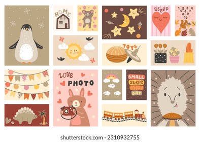 Bohemian nursery posters. Set of cute covers in boho style. Banners for baby bedroom in pastel colors. Toys, penguin, teddy bear, train, moon and rainbow. Cartoon flat vector illustrations isolated