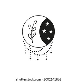 Bohemian outline crescent moon with leafy twig, beads and stars isolated on white background. Witchy luna. Alchemy esoteric magic talisman. Mystical symbol.