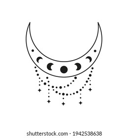 Bohemian outline crescent with moon phases, beads and stars isolated on white background. Witchy luna. Alchemy esoteric magic talisman. Mystical symbol.