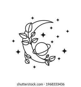 Bohemian outline floral crescent moon with planet, leafy branches and stars isolated on white background. Witchy luna. Alchemy esoteric magic talisman. Mystical boho symbol.