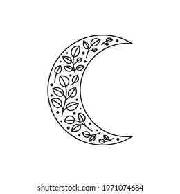 Bohemian outline floral crescent moon with leafy branches isolated on white background. Witchy luna. Alchemy esoteric magic talisman. Mystical boho symbol.