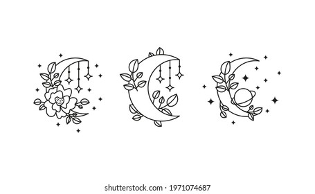 Bohemian outline floral crescents moon with flower, leafy branches, stars, planet and jewelry isolated on white background. Witchy luna. Alchemy esoteric magic talismans. Mystical boho symbols.