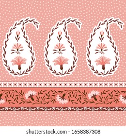 Bohemian Paisley seamless pattern in rosy terra cotta pastel colors. Border design. Floral background. Vector illustration. Ethnic ornament. Can be used for textile, boho cloth.