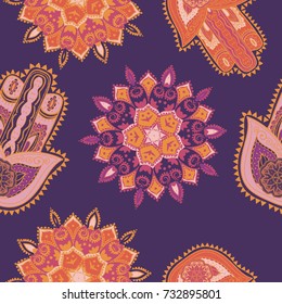 Bohemian pattern with hamsa and mandala. Boho and gypsy style. Ethnic ornament. Hand - drawn background.