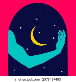 Bohemian poster with aesthetic male arm on a dark stary background. Stars and moon, vivid colors, minimalistic style.