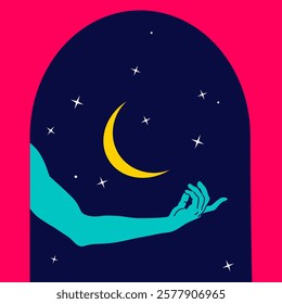 Bohemian poster with aesthetic male hand on a dark stary background. Stars and moon, vivid colors, minimalistic style.