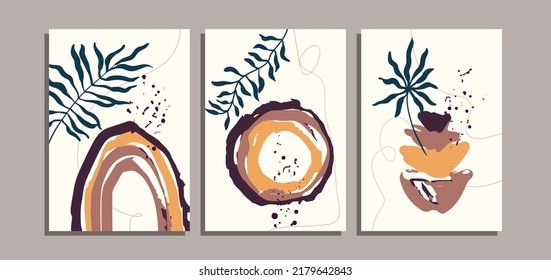 Bohemian Poster Background With Palm Leaves And Abstract Shapes  Set for Wall Art Decoration  Brochure  Cover Design  Postcard  Banner  Social Media And Other Media Template  Vector Illustration 