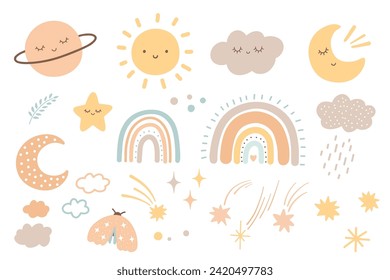 Bohemian rainbow elements of weather and nature in pastel colors isolated on white background. Scandinavian vector cute rainbow with heart, sun, cloud and sleeping moon