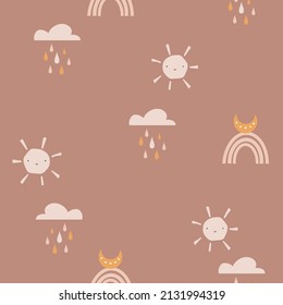 Bohemian rainbow pattern. Childish vector seamless pattern with sky, clouds, rain, sun, moon. Cute hand-drawn illustration in scandinavian style. pastel colors ideal for baby clothes, textiles.