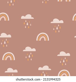 Bohemian rainbow pattern. Childish vector seamless pattern with sky, clouds, rain. Cute hand-drawn illustration in scandinavian style. pastel colors ideal for baby clothes, textiles.