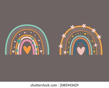 bohemian rainbows with heart  illustration. Trend rainbows. Boho rainbows for rainbows set vector.