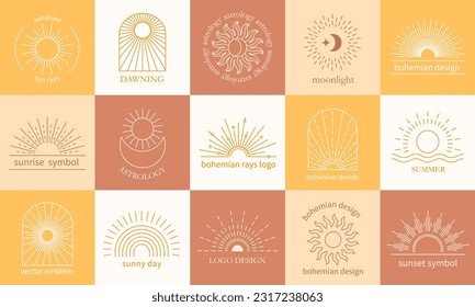 Böhmische Strahlen-Abzeichen. Boho sunburst Motive symbolisieren, Himmelsmond und mystischen Sonnenuntergang Sonne, Vektorgrafik-Set. Kollektion von Sunrise- und Sonnenaufgangs-, Astrologie- und Mystische Logotypen