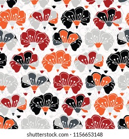Bohemian Red Retro Floral,Vector Pattern Seamless, Hand Drawn Stylized Folk Art Flower Illustration for Trendy Fashion Prints, Wallpaper, Stationery, Vintage Home Decor, Gift Wrap, Textile Backgrounds