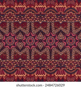 Bohemian repeating background texture seamless pattern vector. Boho ornamental carpet natural colors. Arabesque design ethnic tribal.