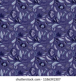 Bohemian Retro Floral All Over Tossed Pattern, Hand Drawn Seamless Vector Folk Style Flower Illustration, Trendy Fashion Print, Vintage Wallpaper, Elegant Decor, Packaging Wrap Purple Blue Background