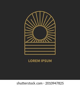 Bohemian retro linear logo with sun, rays and sea. Minimal line golden minimalistic geometric icon in boho style