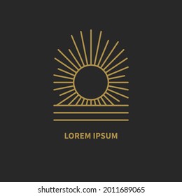 Bohemian retro linear logo with sun, rays and sea. Minimal line golden minimalistic geometric icon in boho style