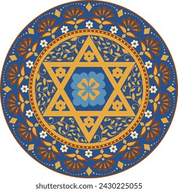 Bohemian retro style mandala with floral motifs and six pointed star