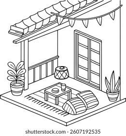 A bohemian rooftop terrace with colorful cushions coloring page