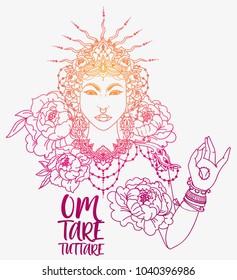 Bohemian royal asian woman in crown and peonies flowers, poster with buddhist mantra "om tare tuttare" and beautiful shinig female goddess, vector illustration 