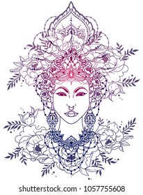 Bohemian royal asian woman in crown and peonies frame, asian style goddess, vector illustration 