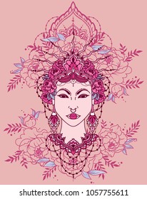 Bohemian royal asian woman in crown and peonies frame, asian style goddess, vector illustration 
