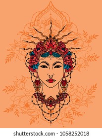 Bohemian royal asian woman in crown and peonies frame, asian style goddess, vector illustration 