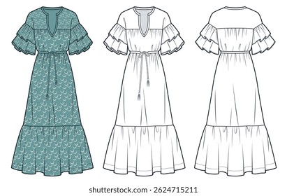 Bohemian Ruffle Sleeve Maxi Dress Fashion Flat Sketch. Tiered Dress fashion flat technical drawing template, drawstrind waist, relaxed fit, front and back view, white, green, women CAD mockup.