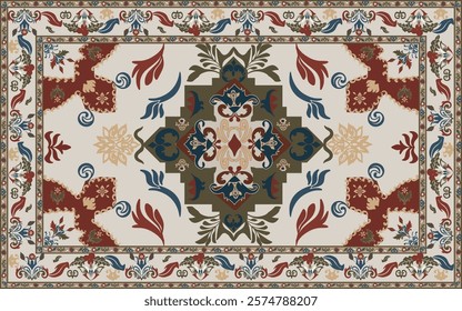 Bohemian Rug Illustration featuring intricate floral patterns in pastel and earthy brown tones. This elegant design captures boho charm, perfect for textiles, home decor, and artistic creations.