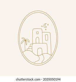 Bohemian Scene Of Old Or Ancient Houses On Island Inside The Oval Frame. Modern Line Illustration.  Trendy Boho Art.Vector.