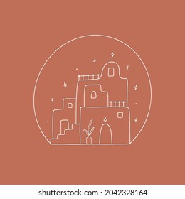Bohemian scene of old or ancient houses inside the round frame. Modern line illustration. Trendy boho terracotta art. Vector.