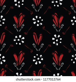 Bohemian Scribble Heart Floral Vector Pattern Seamless, Hand Drawn Stylized Folk Art Daisy Flower Illustration for Retro Fashion Prints, Wallpaper, Trendy Stationery, Vintage Red Home Decor, Gift Wrap