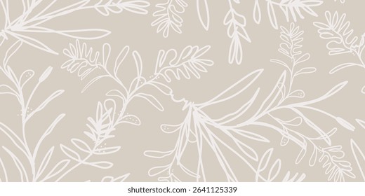 Bohemian seamless floral pattern: Elegant hand-drawn illustration of blossoms, branches, and foliage. Artisanal boho background for fabric, fashion design, gift wrap, and chic botanical decor.