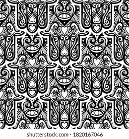 Bohemian seamless ornament with hamsa or hand of Fatima.Ornate vector wallpaper, decorative vector art.