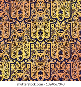 Bohemian seamless ornament with hamsa or hand of Fatima.Ornate vector wallpaper, decorative vector art.
