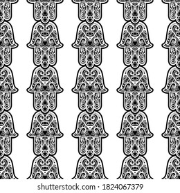 Bohemian seamless ornament with hamsa or hand of Fatima.Ornate vector wallpaper, decorative vector art.