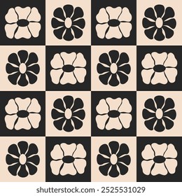 Bohemian seamless pattern with abstract geometric flowers. Vector flat background in retro groovy style
