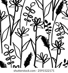 Bohemian seamless pattern with abstract hand drawn flowers and leaves. Minimalist linear botanical background. Fashion design for your textile and fabric, wrapping, etc.