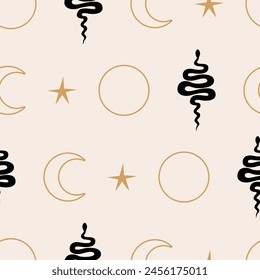 Bohemian seamless pattern with abstract mystical symbols. Sun, moon and snakes. Vector boho minimalist background