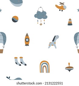 Bohemian seamless pattern with cute baby elements. Pattern for bedroom, wallpaper, kids and baby t-shirts and wear, hand drawn nursery illustration