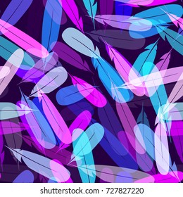 Bohemian Seamless Pattern Design with Feathers. Fabric Fashion Print Design. Bird Theme Background for Cover, Cloth, Textile, Linen, Screen, Ad. Feather Seamless Pattern