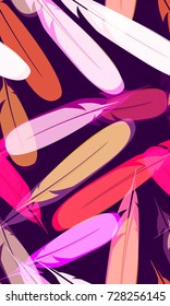 Bohemian Seamless Pattern Design with Feathers. Fabric Fashion Print Design. Bird Theme Background for Cover, Cloth, Textile, Linen, Screen, Ad. Feather Seamless Pattern