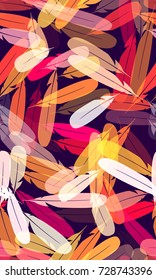 Bohemian Seamless Pattern Design with Feathers. Fabric Fashion Print Design. Bird Theme Background for Cover, Cloth, Textile, Linen, Screen, Ad. Feather Seamless Pattern