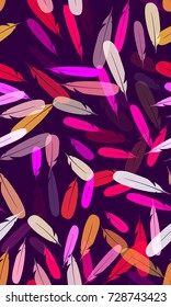 Bohemian Seamless Pattern Design with Feathers. Fabric Fashion Print Design. Bird Theme Background for Cover, Cloth, Textile, Linen, Screen, Ad. Feather Seamless Pattern