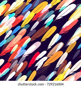 Bohemian Seamless Pattern Design with Feathers. Fabric Fashion Print Design. Bird Theme Background for Cover, Cloth, Textile, Linen, Screen, Ad. Feather Seamless Pattern