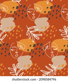 Bohemian seamless pattern in earth color tones. Abstract line art female faces. leaves and textures. Vector background