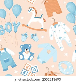 Bohemian seamless pattern featuring cute baby toys, balloons and clothes Fun cartoon vector design perfect for baby shower. Ideal for infant boys' textiles, fabrics, wrapping paper, covers and designs